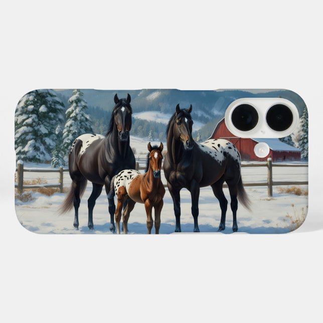 Funda iPhone 16 Caballos Appaloosa negros en una granja en inviern (Reverso (Horizontal))