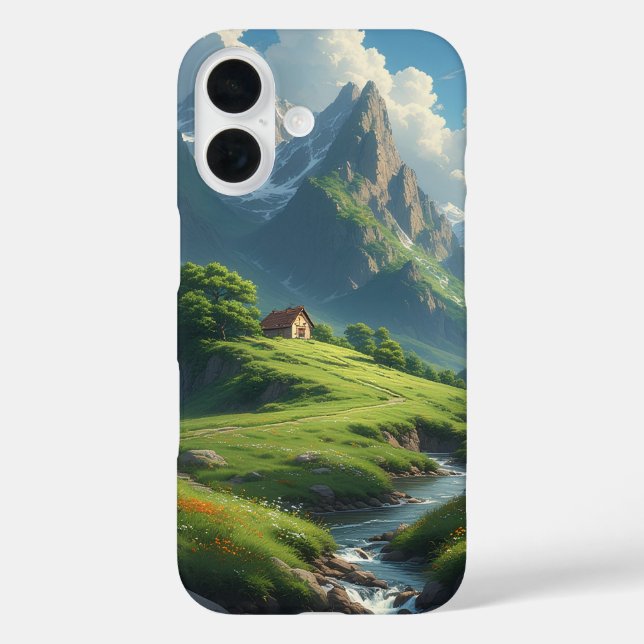 Funda iPhone 16 Cabaña junto al río alpino (Reverso )