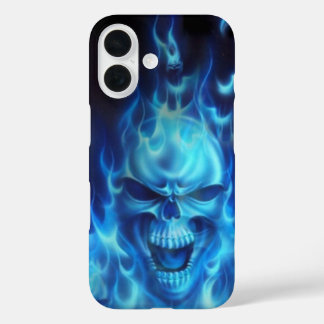 Funda iPhone 16 cabeza de cráneo azul en llamas azules