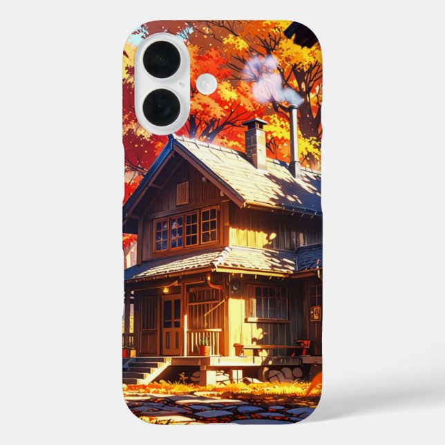 Funda iPhone 16 Cabina de bosque otoñal (Reverso )