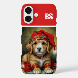 Funda iPhone 16 cachorro festivo con traje de navidad