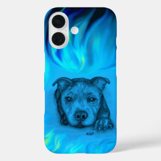 Funda iPhone 16 Cachorro Staffy Azul