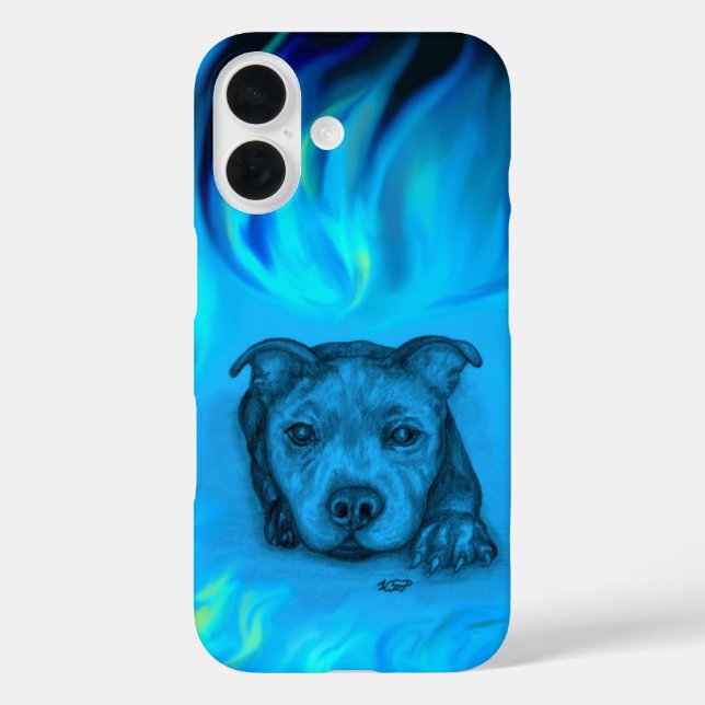 Funda iPhone 16 Cachorro Staffy Azul (Reverso )