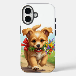 Funda iPhone 16 Cachorros con arco entregando flores por cumpleaño