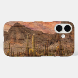 Funda iPhone 16 Cactus de Órgano en Foto de Puesta de Sol con Gran