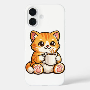 Funda iPhone 16 Café de gato lindo – Gato naranja acogedor bebiend