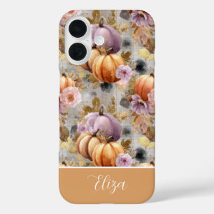 Funda iPhone 16 Calabaza personalizada y flores con estampado de c