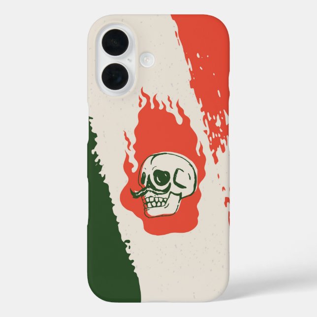 Funda iPhone 16 Calavera Caliente - Calavera flamando con bigote (Reverso )