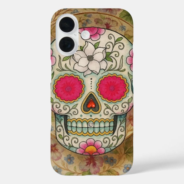 Funda iPhone 16 Calavera de Azúcar de Taza de Té (Reverso )