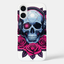 Funda iPhone 16 Calavera de cibermuerte neonatal y Rosas blancos