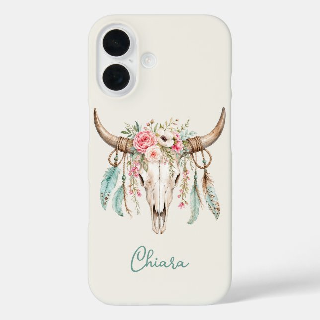 Funda iPhone 16 Calavera de vaca floral acuarela boho (Reverso )