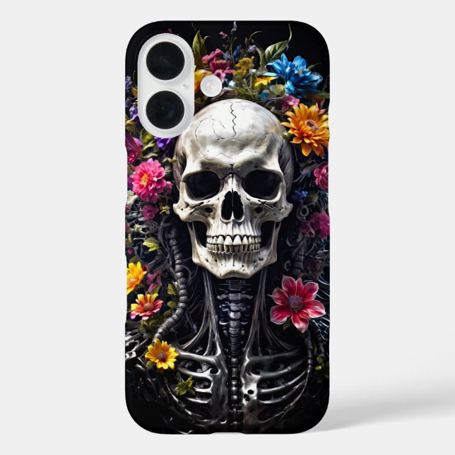 Funda iPhone 16 Calavera floreada en cubierta negra (Reverso )