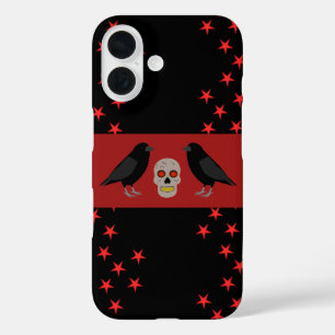 Funda iPhone 16 Calavera gótica y cuervos guardianes de Halloween
