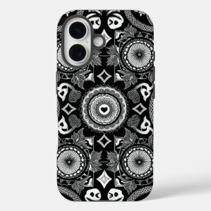Funda iPhone 16 Calaveras y Mandalas Ornamental (Blanco y Negro)