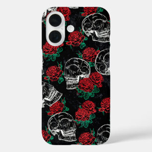 Funda iPhone 16 Calaveras y rosas rojas   Gótico moderno Glam Grun