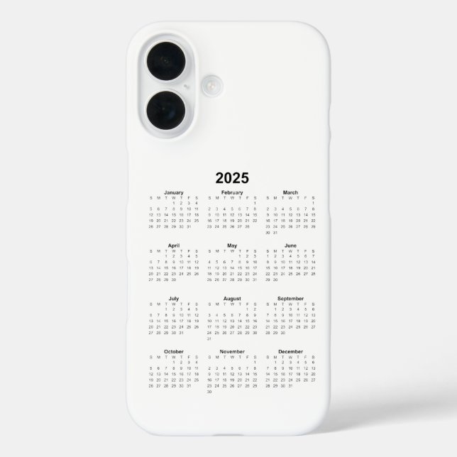 Funda iPhone 16 Calendario mensual de 2025 Negro sobre blanco (Reverso )