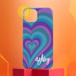 Funda iPhone 16 Caligrafía de corazón psicodélico Nombre de guión<br><div class="desc">Un patrón cardíaco gracioso con colores morados y azules locos. El guión moderno con los swashes añade un toque moderno a este diseño retro. Añade tu nombre o borra el texto por una divertida portada femenina.</div>