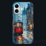 Funda iPhone 16 Calle en movimiento<br><div class="desc">Esta pintura expresiva captura un vintage tranvía rojo que se mueve por una ciudad de estilo europeo al atardecer. Las gruesas y audaces pinceladas del estilo impresionista crean una sensación de movimiento, como si el tranvía estuviera deslizándose a lo largo de las vías húmedas. Los tonos azules y grises del...</div>