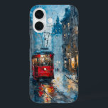 Funda iPhone 16 Calle en movimiento<br><div class="desc">Esta pintura expresiva captura un vintage tranvía rojo que se mueve por una ciudad de estilo europeo al atardecer. Las gruesas y audaces pinceladas del estilo impresionista crean una sensación de movimiento, como si el tranvía estuviera deslizándose a lo largo de las vías húmedas. Los tonos azules y grises del...</div>