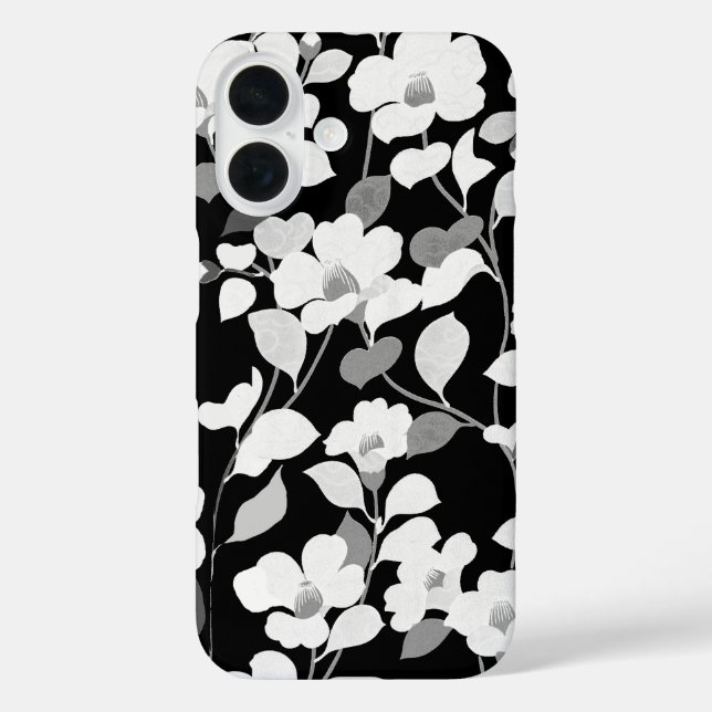 Funda iPhone 16 CAMELIAS BLANCAS NEGRAS, DEJA Floral Oscura (Reverso )