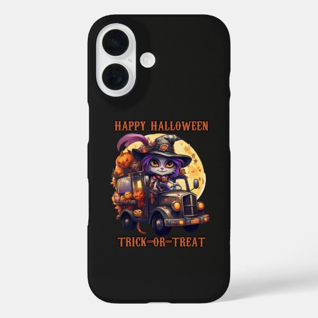 Funda iPhone 16 Camionero de Halloween para gatos de bruja niños d (Reverso )