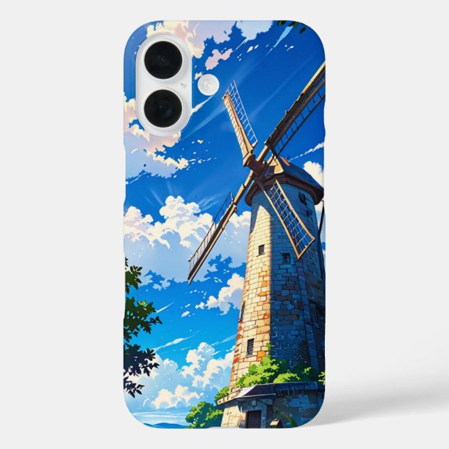 Funda iPhone 16 Campiña de molino de viento de verano de Anime (Reverso )