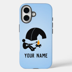 Funda iPhone 16 Camping man con Tent, añade tu nombre a blue