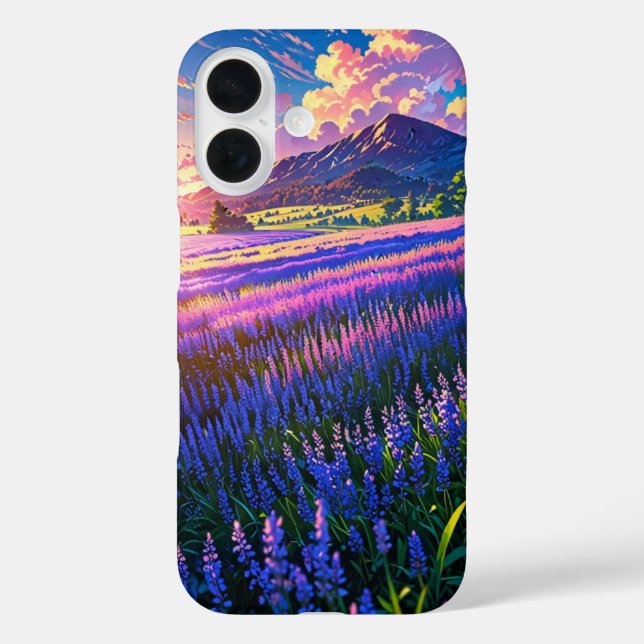 Funda iPhone 16 Campos de lavanda animada en verano (Reverso )