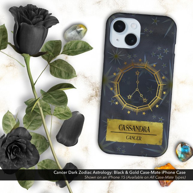 Funda iPhone 16 Cáncer Astrología Zodiaca Oscura: Negro y Oro (Cancer Dark Zodiac & Astrology Black & Gold Case-Mate iPhone Case Personalized with Your Name)