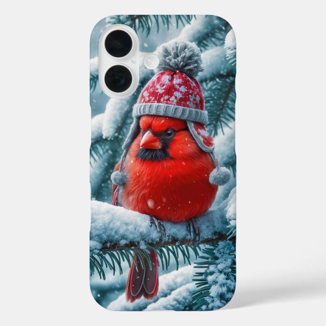 Funda iPhone 16 Cardenal Rojo con Gorra de Invierno (Reverso )
