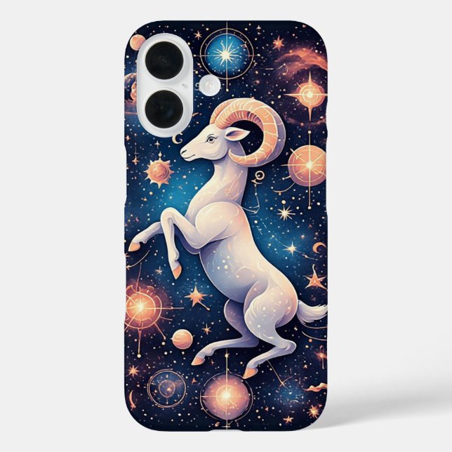 Funda iPhone 16 Carnero Majestuoso Rodeado de Objetos Celestes (Reverso )