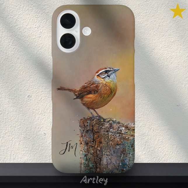 Funda iPhone 16 Carolina Wren Bird Painting Initials Nombre person (Subido por el creador)