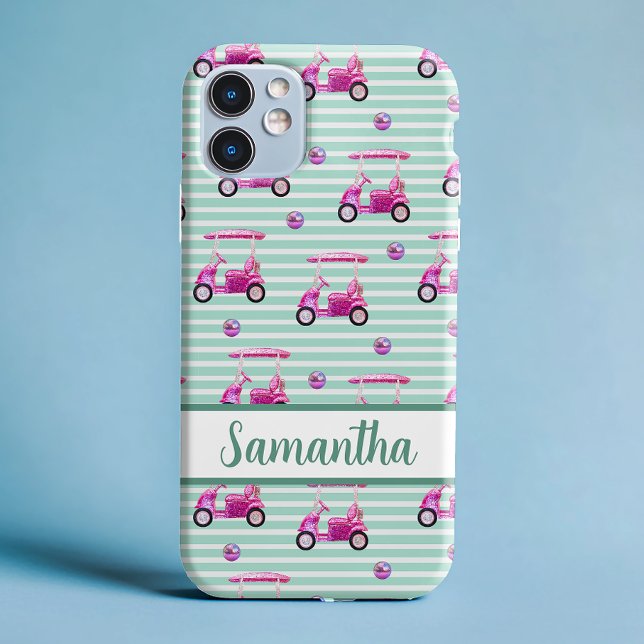 Funda iPhone 16 Carritos de Golf Rosados con Rayas Turquesas Perso (Subido por el creador)