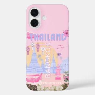 Funda iPhone 16 Cartel de viaje de Bangkok Tailandia rosa pastel a