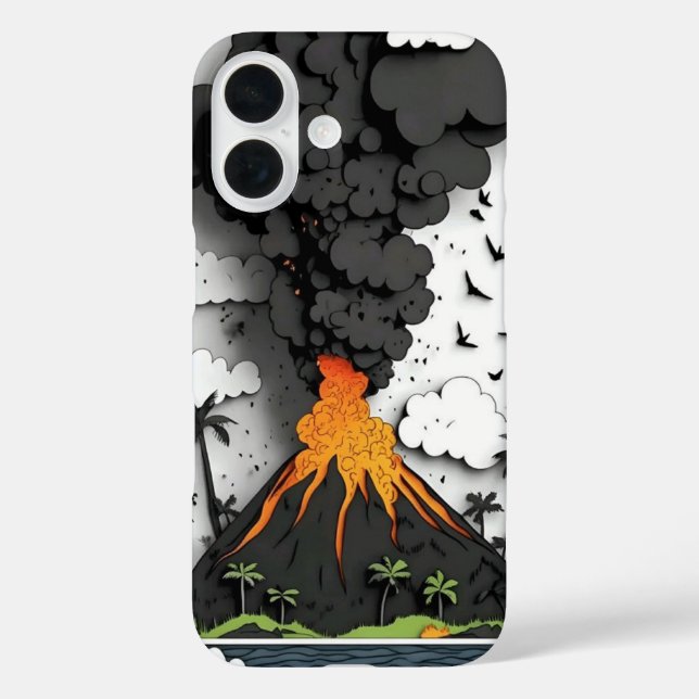 Funda iPhone 16 Cartoon Volcano Eruption & Palm Trees Phone Case (Reverso )