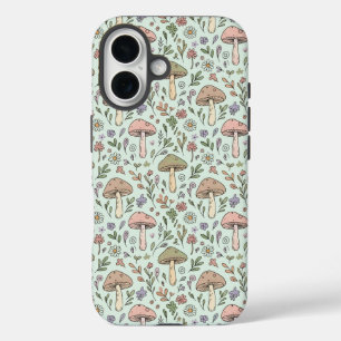 Funda iPhone 16 Casa de hongos verde menta Cottagecore Patrón cont