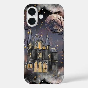 Funda iPhone 16 Casa embrujada Árbol y murciélagos de luna llena