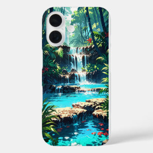 Funda iPhone 16 Cascada de la selva de verano de anime oculta