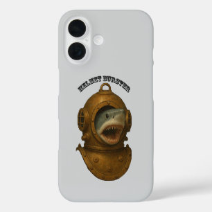 Funda iPhone 16 Casco de buzo vintage con un tiburón saliendo URM