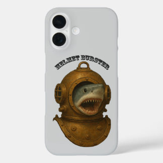 Funda iPhone 16 Casco de buzo vintage con un tiburón saliendo URM
