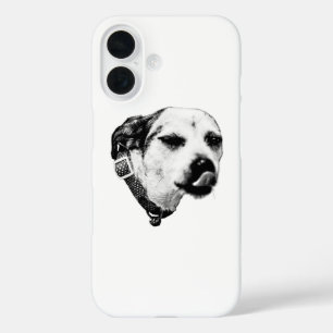 Funda iPhone 16 Caso del perro guiñando – Lametón en blanco y negr