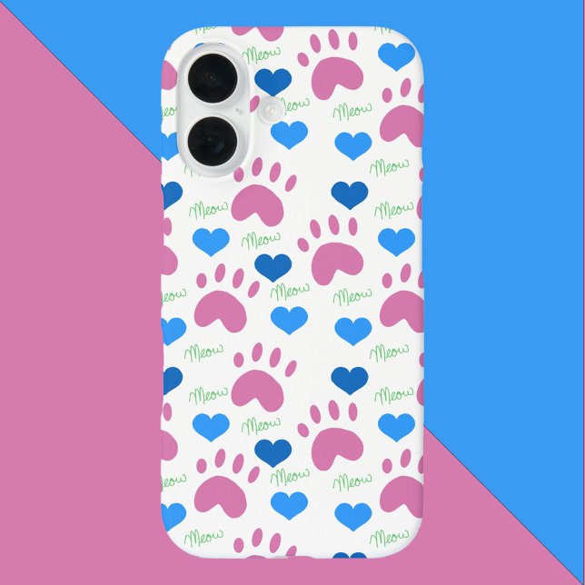 Funda iPhone 16 Cat Paw Hearts Meow Blue Pink Green (A phone case with a pattern of pink cat paws, blue hearts & green meows.)