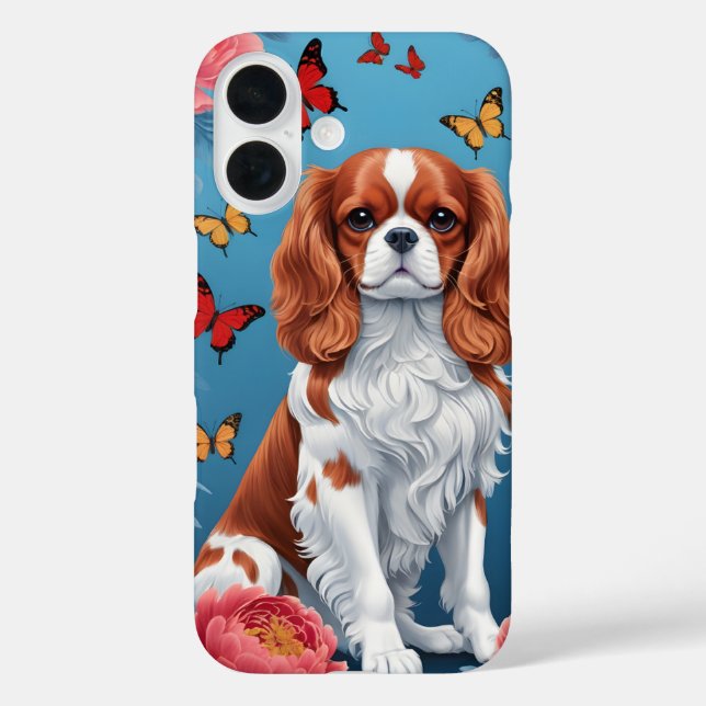 Funda iPhone 16 Cavalier King Charles Pastel Flores y mariposas (Reverso )