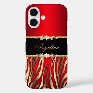 Funda iPhone 16 Cebra Roja Negra Dorada Elegante
