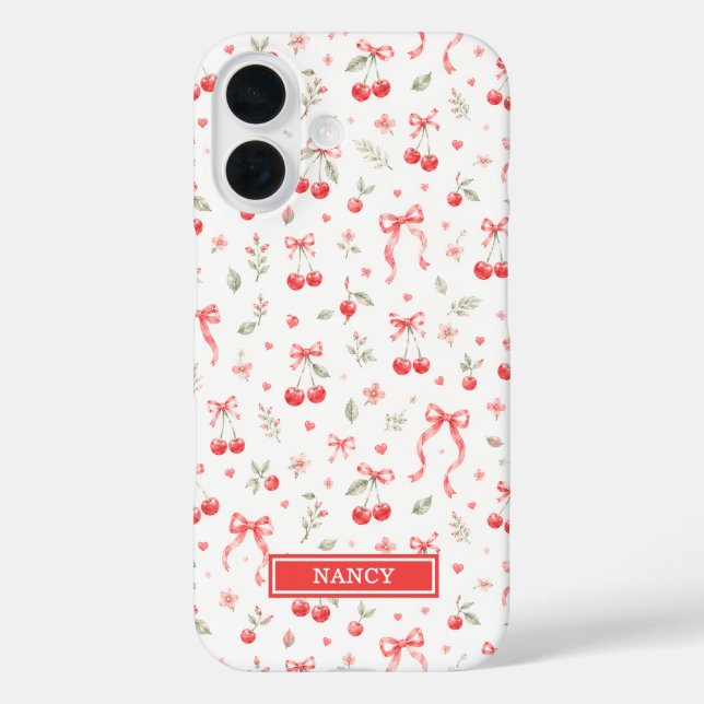 Funda iPhone 16 Cerezas Con Lazos De Coqueta Rojos Monogramados (Reverso )