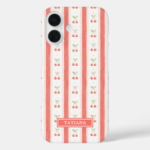 Funda iPhone 16 Cerezas Monogramadas con Acuarela Rayada