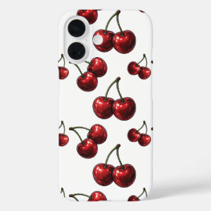 Funda iPhone 16 Cerezas Rojas Brillantes Blanco Retro