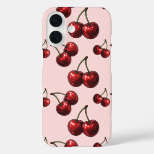 Funda iPhone 16 Cerezas Rojas Brillantes Rosa Retro