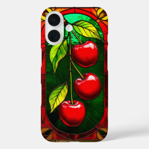 Funda iPhone 16 Cerezas rojas brillantes y hojas verdes