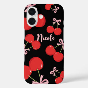 Funda iPhone 16 Cerezas Rojas con Lazo Rosa Coquette Cottage Chic